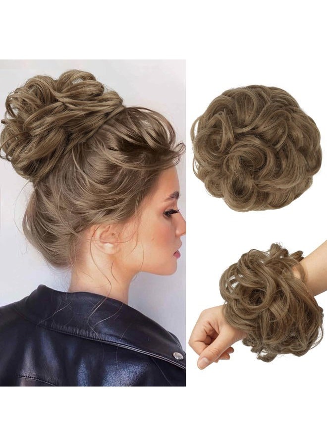 FESHFEN Messy Bun Hair Piece - Large Wavy Curly Elastic Hair Bun Scrunchies Ponytail Extensions Synthetic Chignon Hairpieces for Women, Light Brown mix Natural Blonde 1.94oz - Image 1