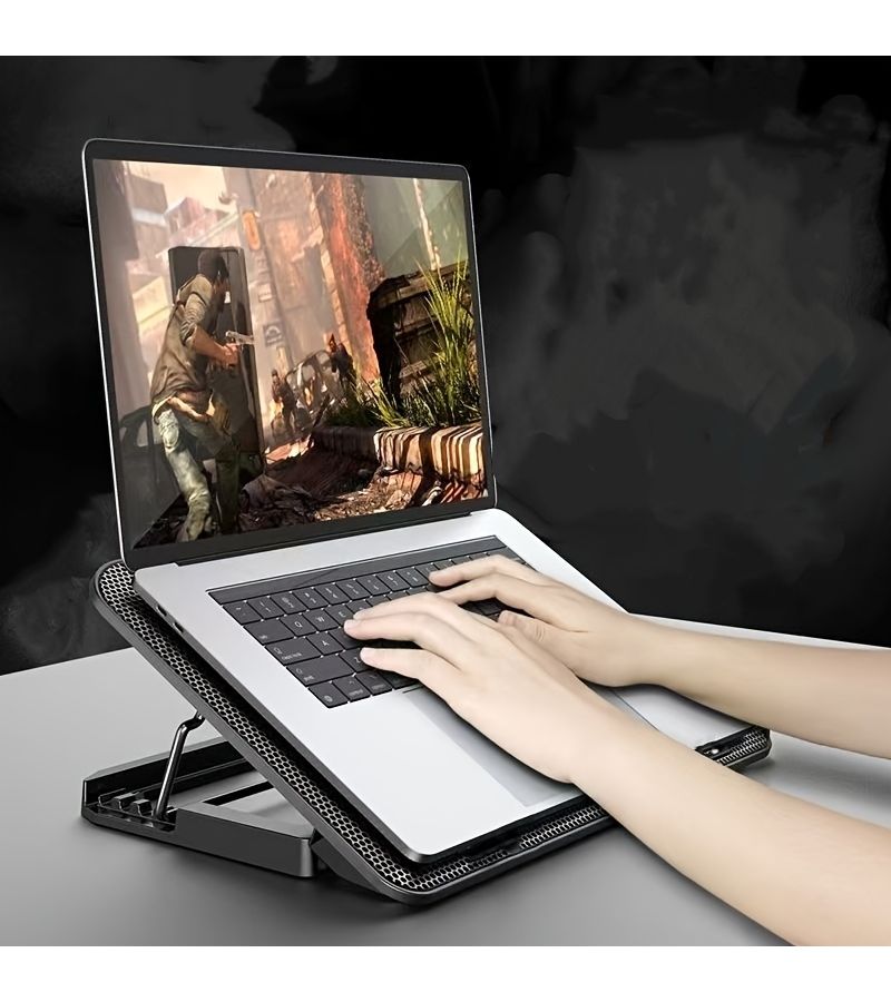 وسادة تبريد لابتوب بلوحة معدنية محمولة مع مروحتين كبيرتين صامتتين تعملان بتقنية USB، مع إمكانية تعديل الارتفاع بـ 4 مستويات لأجهزة اللابتوب مقاس 12-17 بوصة، مبرد كمبيوتر وملحق مكتبي باللون الأسود. - Image 4