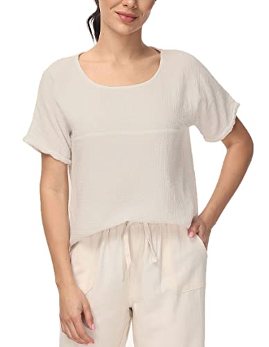Soojun Women's Cotton Linen Round Collar Boxy Top Patchwork Blouses Beige, Small - Image 3