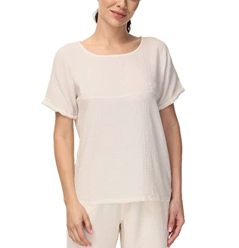 Soojun Women's Cotton Linen Round Collar Boxy Top Patchwork Blouses Beige, Small - Image 5