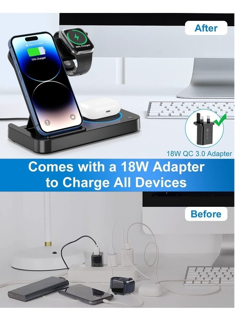 شاحن لاسلكي، قاعدة شحن لاسلكية 4 في 1، حامل شحن لاسلكي سريع بقدرة 15 وات للهواتف سلسلة iWatch - Image 2