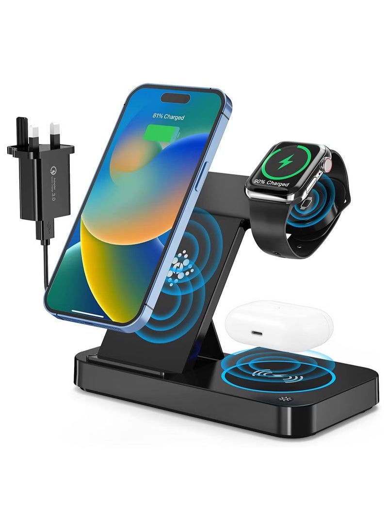 شاحن لاسلكي، قاعدة شحن لاسلكية 4 في 1، حامل شحن لاسلكي سريع بقدرة 15 وات للهواتف سلسلة iWatch - Image 1