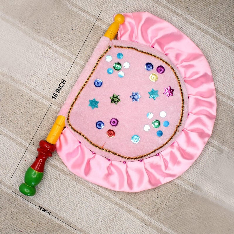 DIGSMORDEN DIGSMORDEN Velvet Cloth Hand Made Beautiful Traditional Light Pink Color Hand Fan with Wooden Handle Work for Cool Air Home Decor Travel use Shadi ka pankhavinjanopankhi  - Image 2