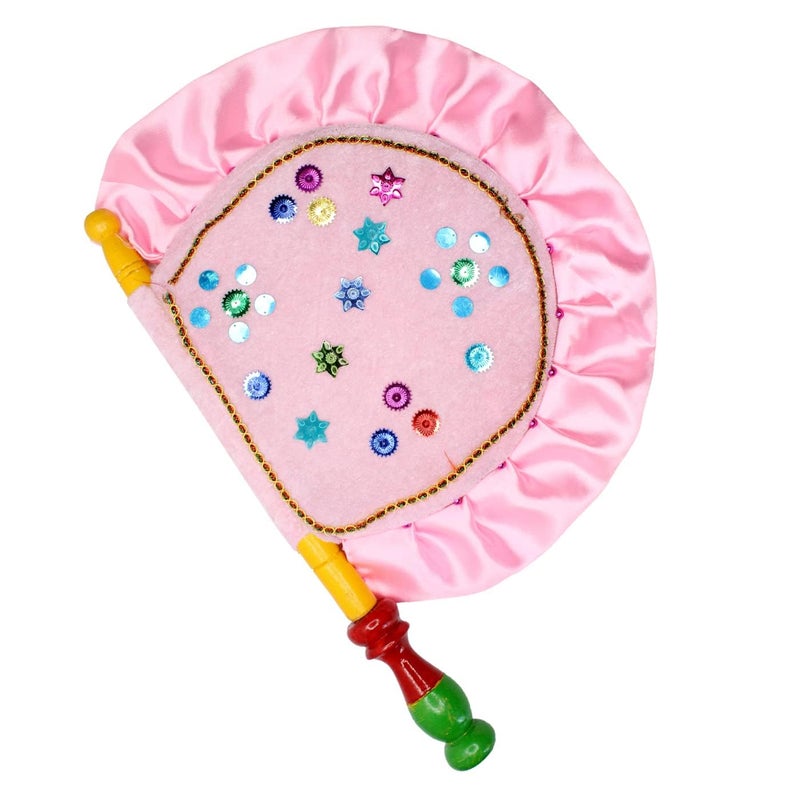 DIGSMORDEN DIGSMORDEN Velvet Cloth Hand Made Beautiful Traditional Light Pink Color Hand Fan with Wooden Handle Work for Cool Air Home Decor Travel use Shadi ka pankhavinjanopankhi  - Image 1
