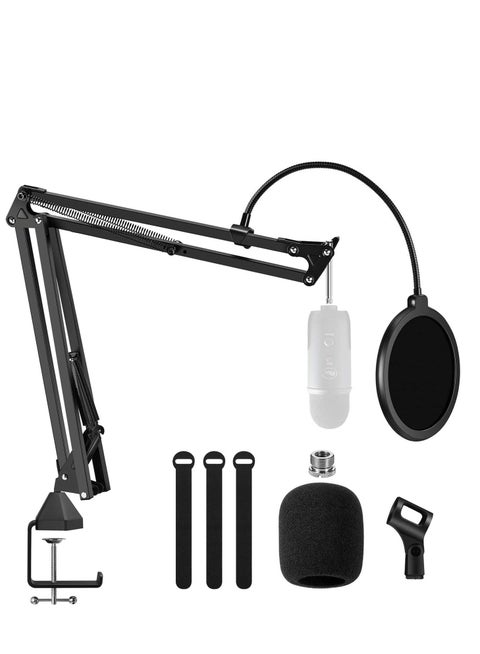 Adjustable Suspension Boom Scissor Upgraded Heavy Duty Clamp Microphone Arm Stand With Pop Filter, 3/8 To 5/8 Adapter, Mic Clip, For Blue Yeti Nano Snowball Ice And Other(without Microphone)