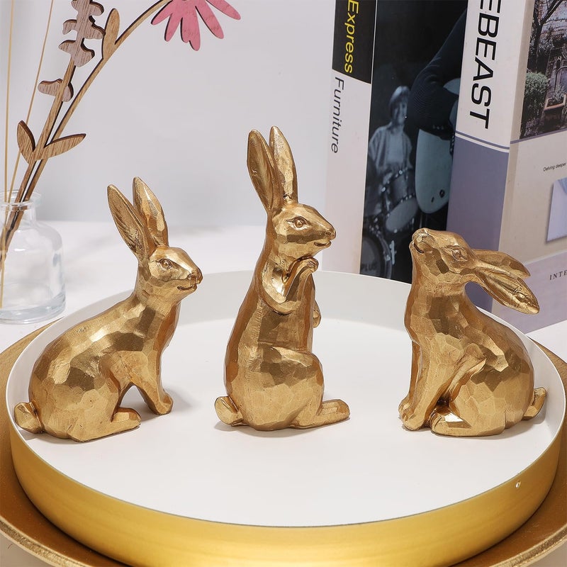 Glintoper 3 Pack Easter Bunny Figurines Decor, Mini Resin Golden Bunnies Spring Sculpture Tabletop Ornament, Rabbits Festival Present for Garden Home Table Office Dining Room Mantle Party Supplies - Image 5