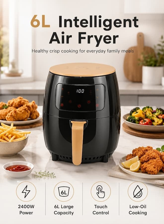 SILVER CREST 6L Smart Air Fryer, Large Capacity Electric Oil-Free Fryer with Touch Screen Control, Automatic Power Off, Intelligent Temperature Control, Non-Stick Basket, 360° Hot Air Circulation, Home Kitchen Oven, 1400W - Image 1
