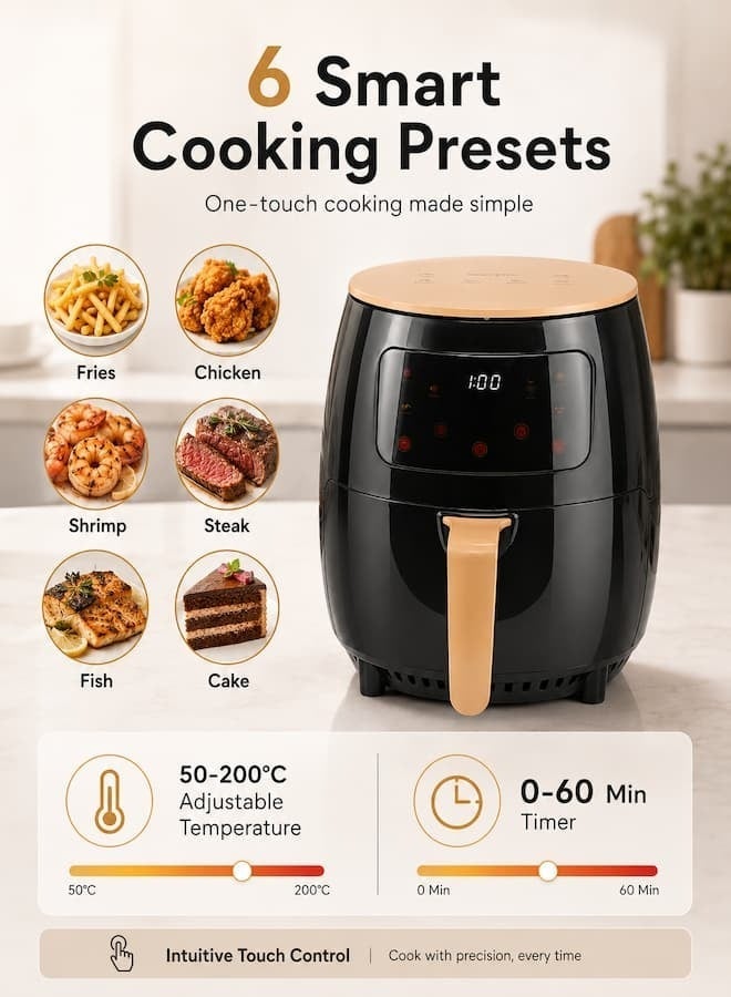 SILVER CREST 6L Smart Air Fryer, Large Capacity Electric Oil-Free Fryer with Touch Screen Control, Automatic Power Off, Intelligent Temperature Control, Non-Stick Basket, 360° Hot Air Circulation, Home Kitchen Oven, 1400W - Image 2