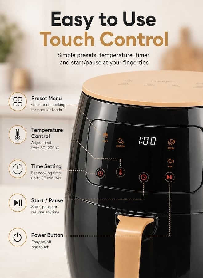 SILVER CREST 6L Smart Air Fryer, Large Capacity Electric Oil-Free Fryer with Touch Screen Control, Automatic Power Off, Intelligent Temperature Control, Non-Stick Basket, 360° Hot Air Circulation, Home Kitchen Oven, 1400W - Image 3