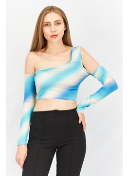 Women Asymmetrical Neck Cold Shoulder Sleeve Textured  Top, Blue Combo