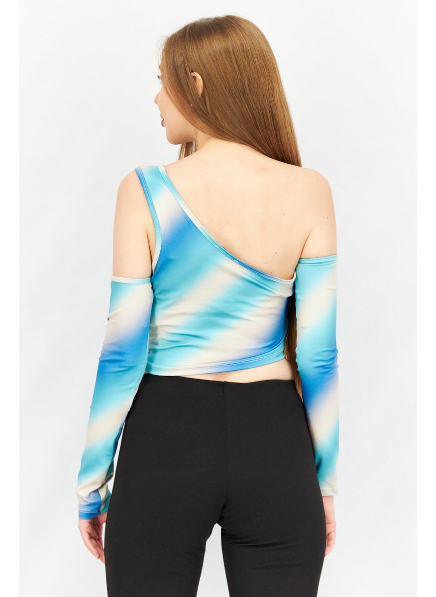 Don't Call Me Jennyfer - Women Asymmetrical Neck Cold Shoulder Sleeve Textured  Top, Blue Combo - Image 1