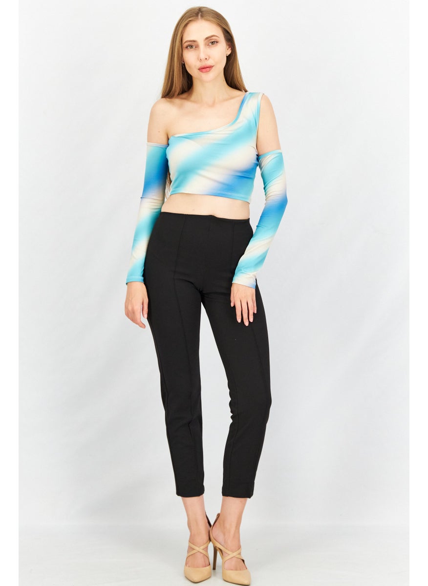 Don't Call Me Jennyfer - Women Asymmetrical Neck Cold Shoulder Sleeve Textured  Top, Blue Combo - Image 1