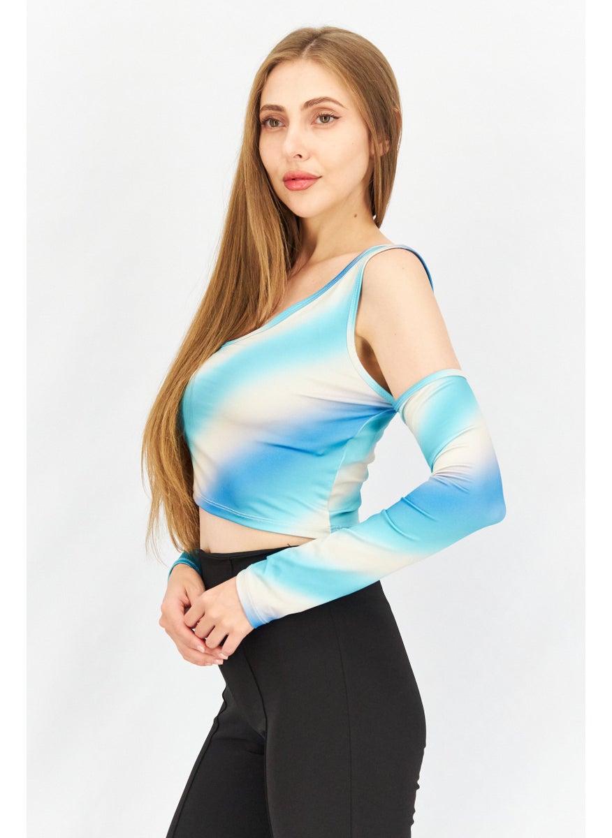 Don't Call Me Jennyfer - Women Asymmetrical Neck Cold Shoulder Sleeve Textured  Top, Blue Combo - Image 1