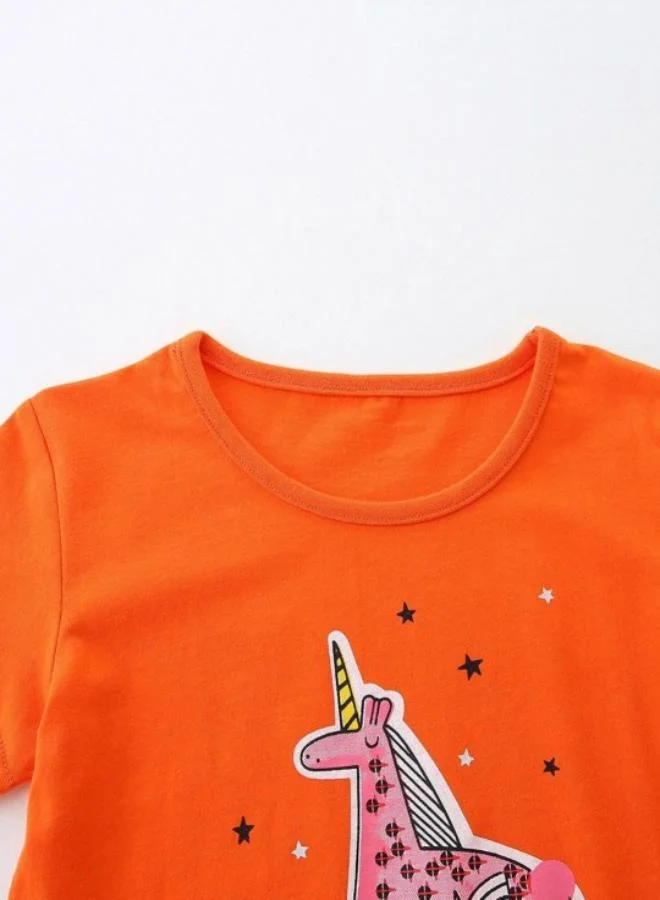 يونيكي Orange Printed Short Sleeve Crew Neck T-Shirt