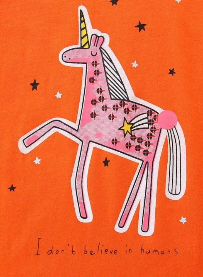 يونيكي Orange Printed Short Sleeve Crew Neck T-Shirt