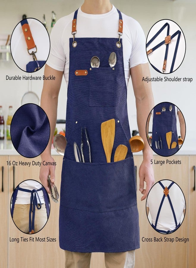 Aoomzoon Canvas Aprons for Men Chef Apron, Work Apron with Large Pockets - Durable 16oz Heavy Duty Cross Back, BBQ, Cooking (Blue, 1 Pack) - Image 4