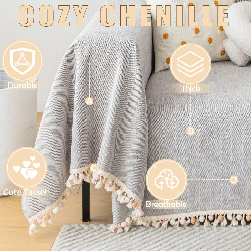 HANDONTIME Grey Sofa Cover for Couch Boho Couch Cover for 3 Seat Dog Couch Cover Love Seat Couch Covers Light Grey Sectional Cover 71" X118" Tassel Chenille Herringbone Sofa Covers Washable - Image 2