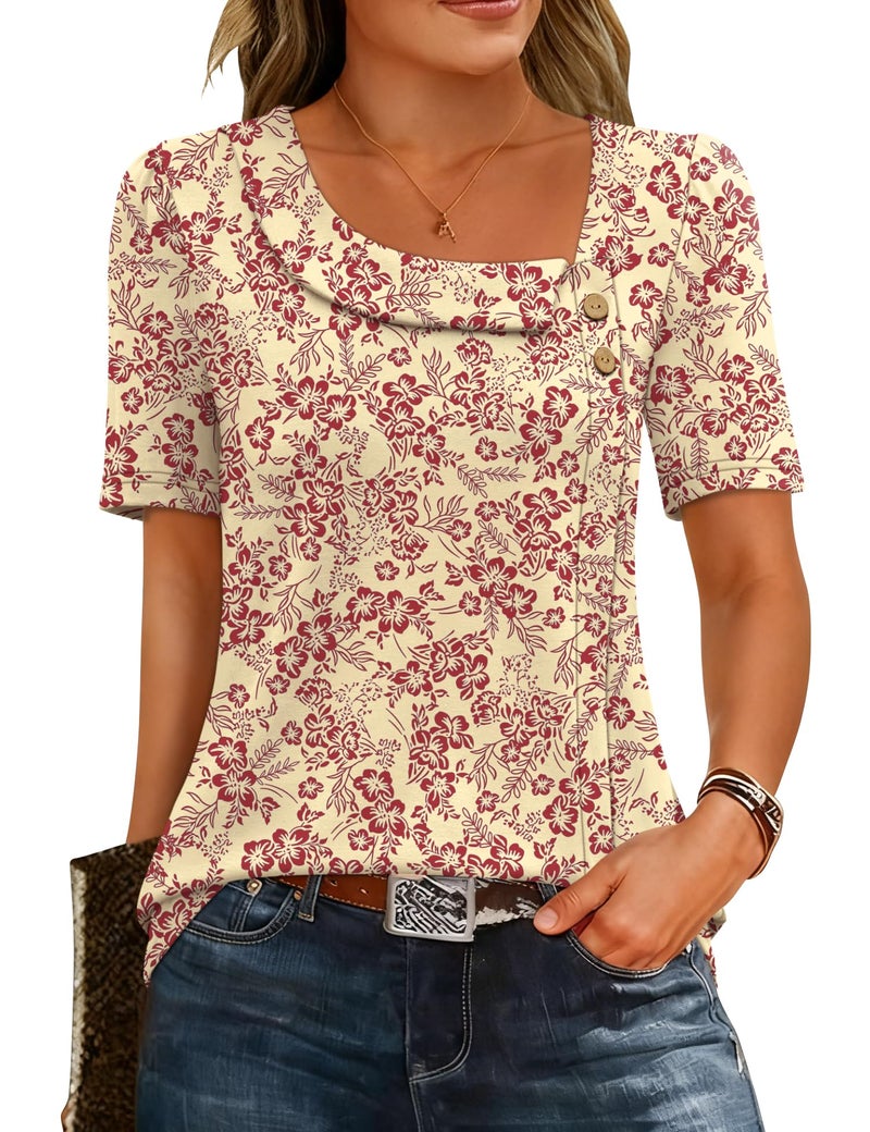 LUYAA Womens Blouses Dressy Casual Women Tshirts Loose Fit Short Sleeve Shirts Summer 2026 Tunic Tops Trendy Teacher Outfits Red Floral L - Image 1