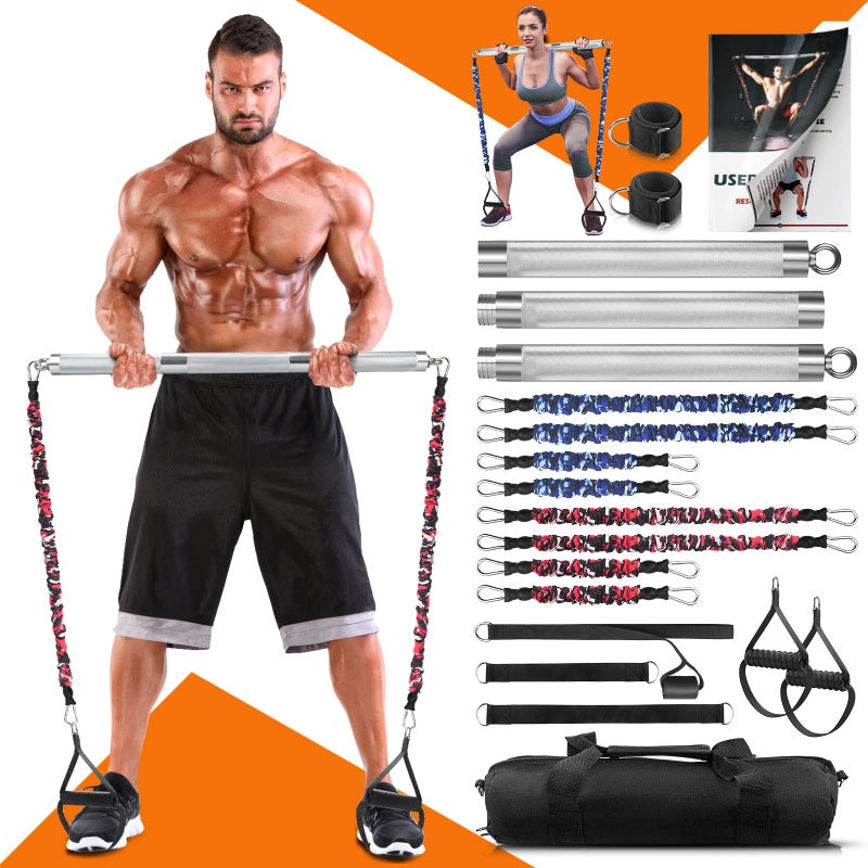 DASKING Portable Home Gym Resistance Band Set With8 AntiBreak Bands Detachable 500LBS Pilates Bar Full Body Workout Equipment wAnkle Straps Door Anchor