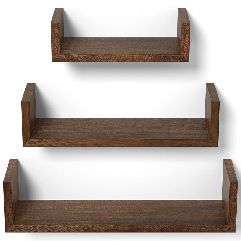 SRIWATANA Floating Shelves Wall Mounted Solid Wood Wall Shelves Set of 3 Dark Brown