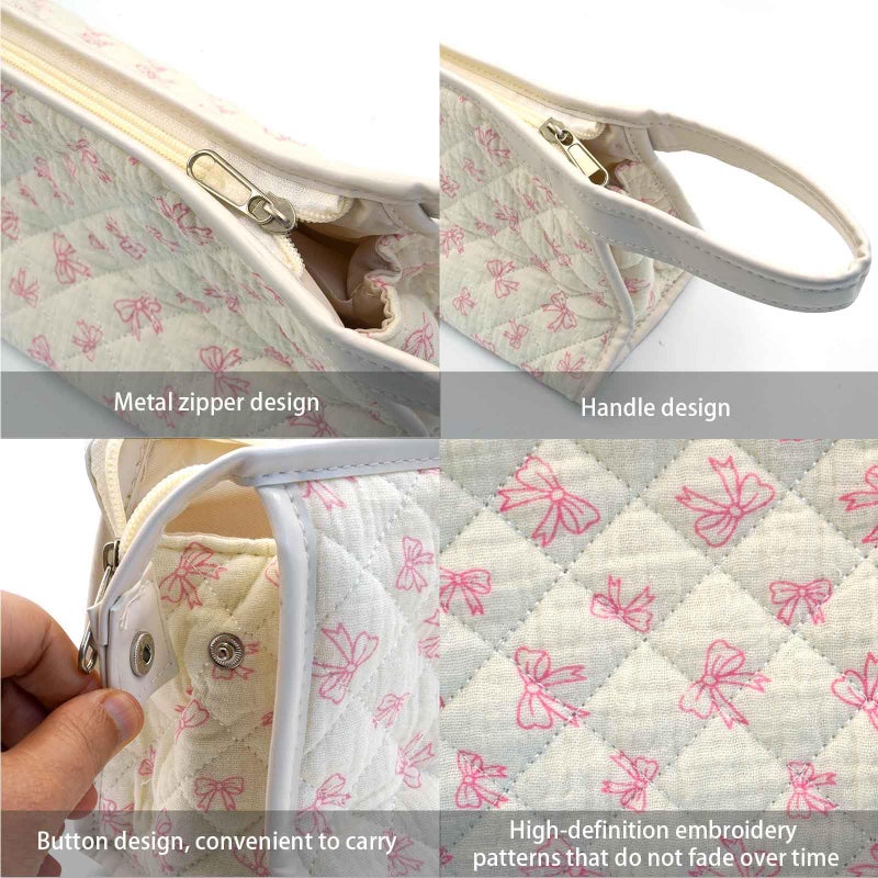 Gihunk Quilted Travel Case Compatible, Cotton Floral Carrying Storage Bag for Hair Dryer and Attachments, Cute Portable Organizer with Handle (Beige Pink) - Image 2