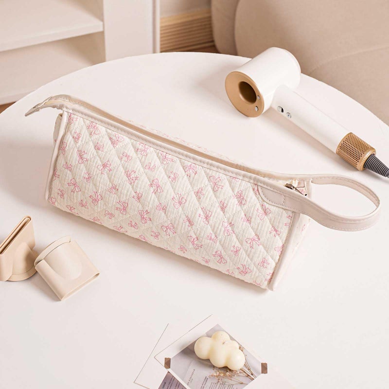 Gihunk Quilted Travel Case Compatible, Cotton Floral Carrying Storage Bag for Hair Dryer and Attachments, Cute Portable Organizer with Handle (Beige Pink) - Image 4