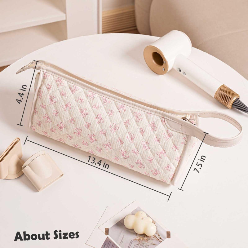 Gihunk Quilted Travel Case Compatible, Cotton Floral Carrying Storage Bag for Hair Dryer and Attachments, Cute Portable Organizer with Handle (Beige Pink) - Image 5