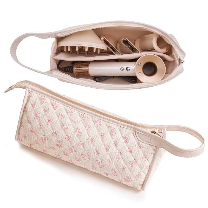 Gihunk Quilted Travel Case Compatible, Cotton Floral Carrying Storage Bag for Hair Dryer and Attachments, Cute Portable Organizer with Handle (Beige Pink) - Image 1