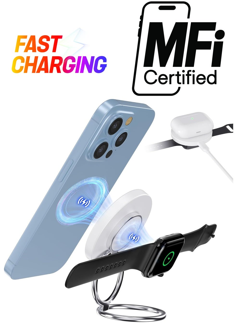 Magnetic Wireless Charger for iPhone, 3 in 1 Charging Station for Apple Devices, Portable Travel Charger for Multple Devices for iPhone 14/13/12 Series, AirPods, iWatch (Adapter NOT Included)