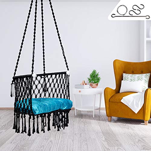 Patiofy Made in India Premium Cotton C-Swing Chair for Adults, Kids Hammock-Hanging Chair Swing with Blue Color Cushion and Accessories (Black) - Image 1