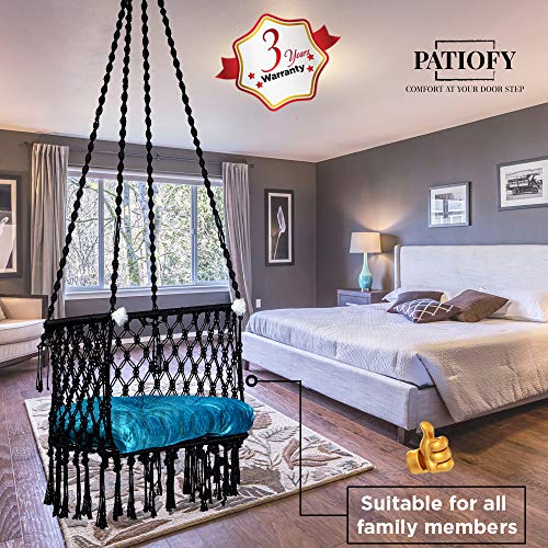 Patiofy Made in India Premium Cotton C-Swing Chair for Adults, Kids Hammock-Hanging Chair Swing with Blue Color Cushion and Accessories (Black) - Image 5