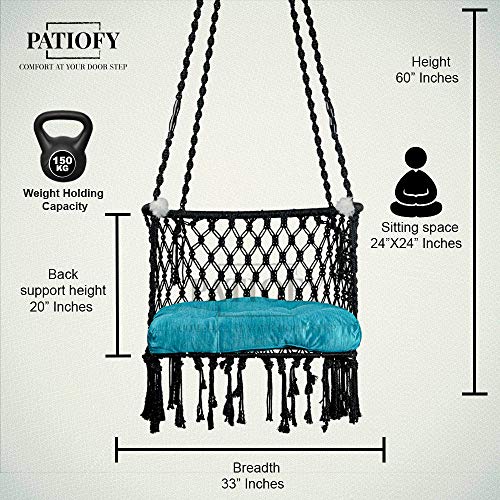 Patiofy Made in India Premium Cotton C-Swing Chair for Adults, Kids Hammock-Hanging Chair Swing with Blue Color Cushion and Accessories (Black) - Image 4