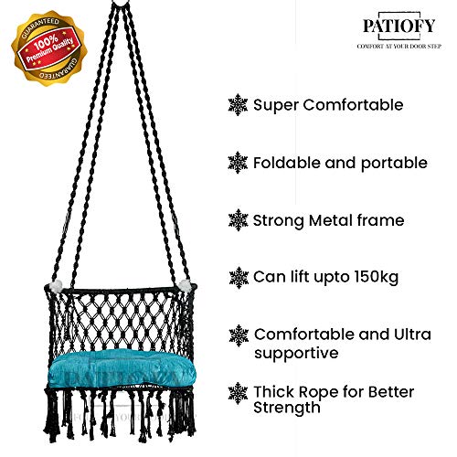 Patiofy Made in India Premium Cotton C-Swing Chair for Adults, Kids Hammock-Hanging Chair Swing with Blue Color Cushion and Accessories (Black) - Image 2