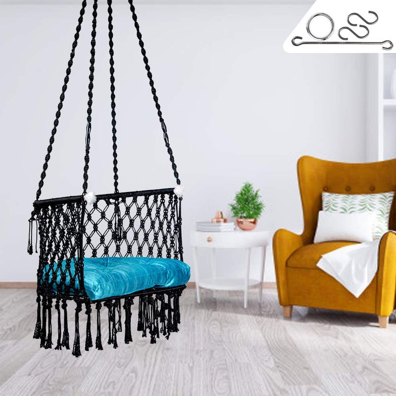 Patiofy Made in India Premium Cotton C-Swing Chair for Adults, Kids Hammock-Hanging Chair Swing with Blue Color Cushion and Accessories (Black) - Image 3