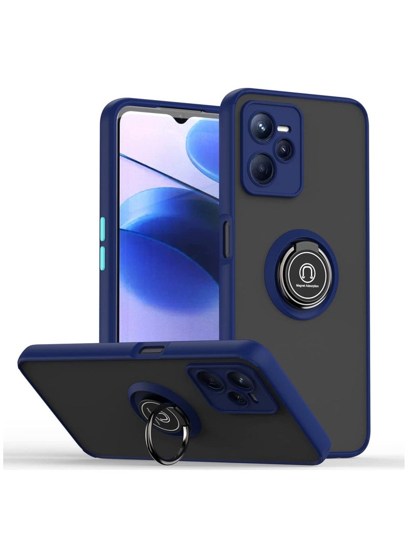 جراب Realme C35 المرن المصنوع من السيليكون الواقي، حماية للكاميرا، غطاء خلفي شفاف مقاوم للصدمات غير لامع مع حامل حلقي مغناطيسي للسيارة يدور 360 درجة لهاتف Oppo Realme C35 (أزرق)