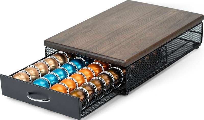HiveNets for Vertuo Coffee Capsule Storage Drawer Compatible with Nespresso Vertuoline Pods Holder Metal and Wood Top Organizer can hold 40 Pods - Image 2