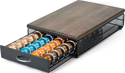 HiveNets for Vertuo Coffee Capsule Storage Drawer Compatible with Nespresso Vertuoline Pods Holder Metal and Wood Top Organizer can hold 40 Pods - Image 1