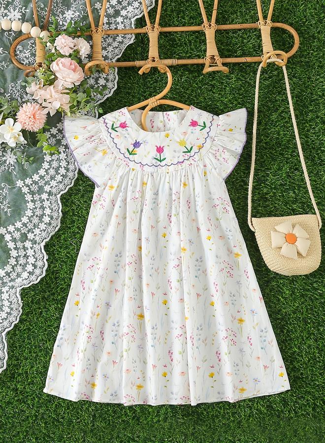 Take Two Girls Embroidery Round Neck A-Line Dress - Image 1