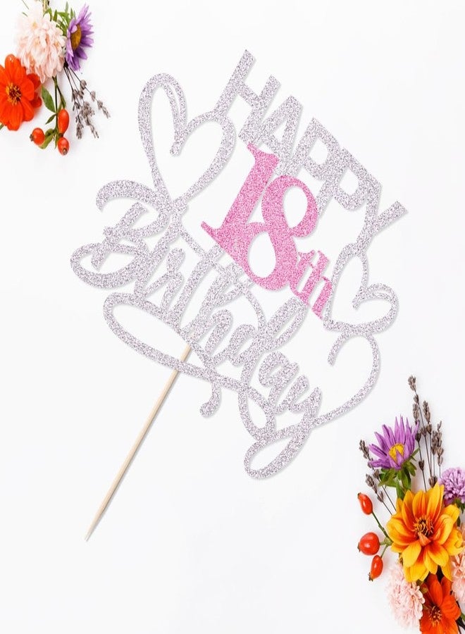 YUINYO Silver pink Glitter Happy 18th Birthday Cake Topper, 18th Birthday/Anniversary Cake topper (Silver pink-18th) - Image 3