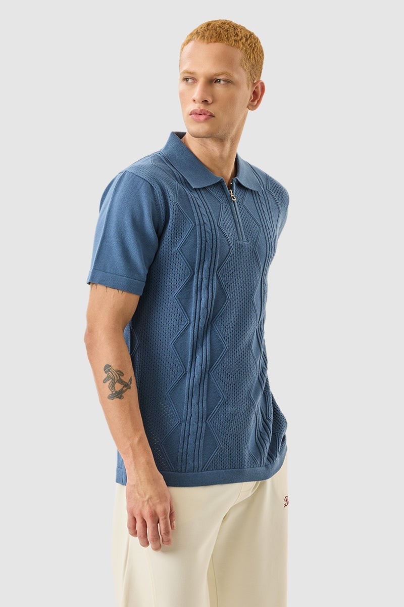 SNITCH Blue Textured Slim Fit Polo T-Shirt - Image 5