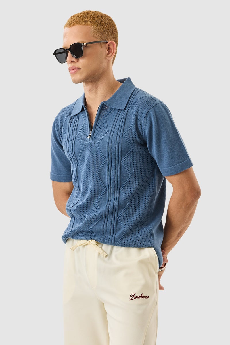 SNITCH Blue Textured Slim Fit Polo T-Shirt - Image 4