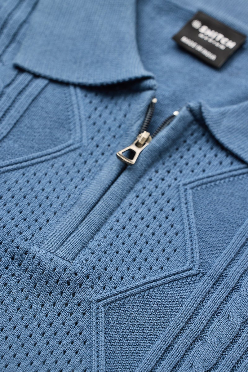 SNITCH Blue Textured Slim Fit Polo T-Shirt - Image 2