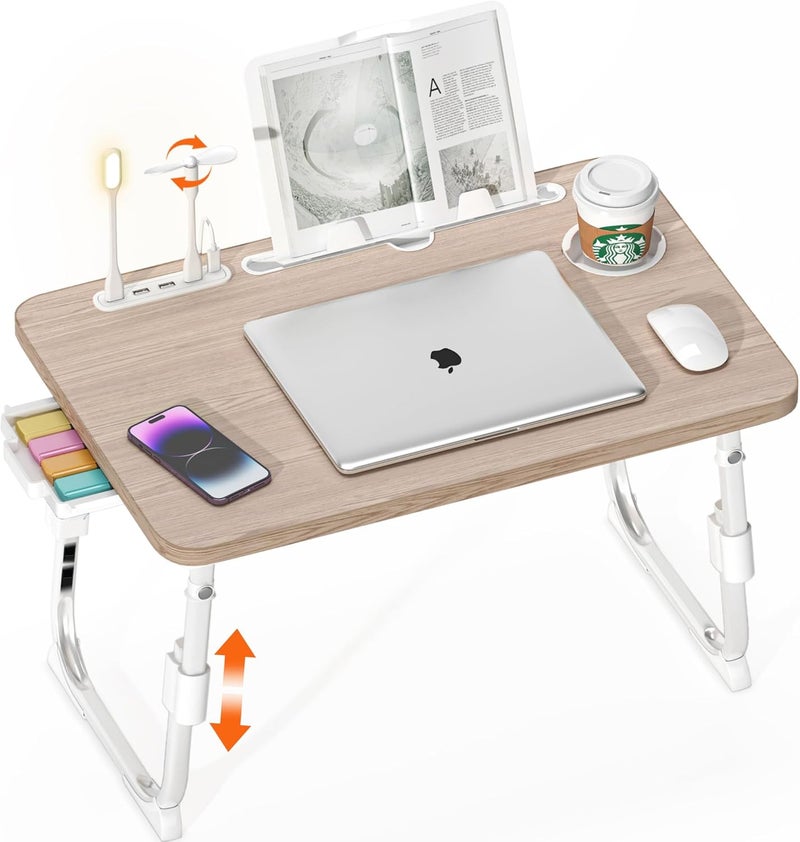 DECOSIS Lap Desk for Bed, Adjustable Laptop Desk with USB Charging Port, Storage Drawer & Bookshelf — Foldable Bed Desk for WFH & Students, 23.6" Desktop Fits 18" Laptop, Non-Slip, Glacier - Image 1