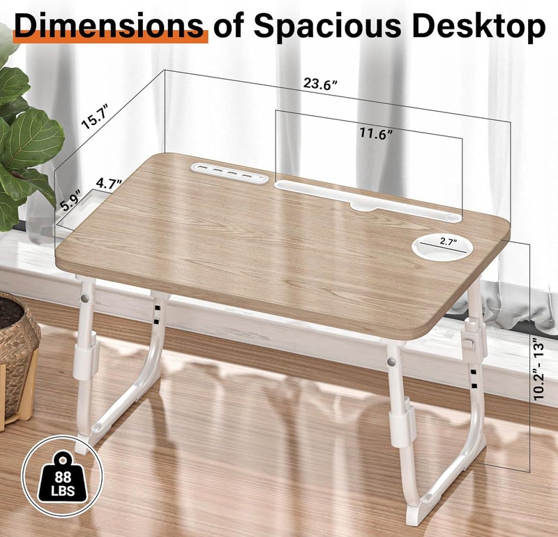 DECOSIS Lap Desk for Bed, Adjustable Laptop Desk with USB Charging Port, Storage Drawer & Bookshelf — Foldable Bed Desk for WFH & Students, 23.6" Desktop Fits 18" Laptop, Non-Slip, Glacier - Image 4