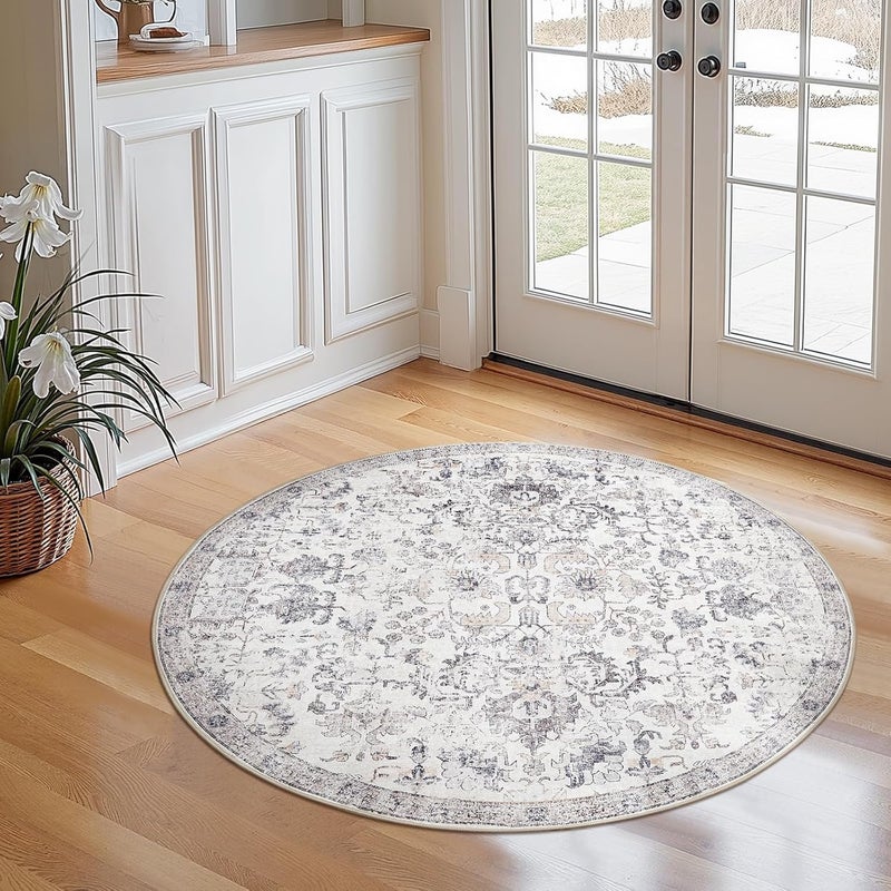 jinchan Round Rug 4ft Area Rug Washable Vintage Indoor Retro Entryway Floor Cover Distressed Gray Floral 4' Round Circle Boho Non Slip Thin Carpet for Kitchen Bedroom Living Room Dining Room Grey - Image 5