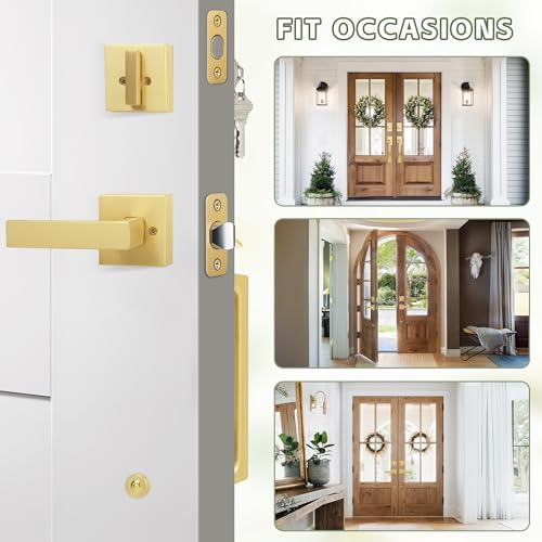 Moquin Double Front Door Lock Set, Brushed Gold Square Front Door Hardware Set with Dummy, Heavy Duty Door Handle with Deadbolt, Stain Brass Double Entry Door Lock Set with Reversible Handle - Image 5
