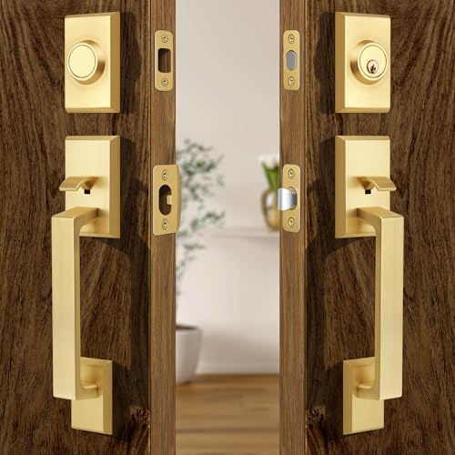 Moquin Double Front Door Lock Set, Brushed Gold Square Front Door Hardware Set with Dummy, Heavy Duty Door Handle with Deadbolt, Stain Brass Double Entry Door Lock Set with Reversible Handle - Image 1