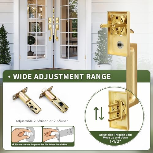 Moquin Double Front Door Lock Set, Brushed Gold Square Front Door Hardware Set with Dummy, Heavy Duty Door Handle with Deadbolt, Stain Brass Double Entry Door Lock Set with Reversible Handle - Image 4