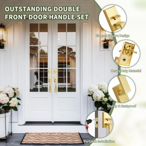 Moquin Double Front Door Lock Set, Brushed Gold Square Front Door Hardware Set with Dummy, Heavy Duty Door Handle with Deadbolt, Stain Brass Double Entry Door Lock Set with Reversible Handle - Image 2