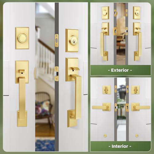 Moquin Double Front Door Lock Set, Brushed Gold Square Front Door Hardware Set with Dummy, Heavy Duty Door Handle with Deadbolt, Stain Brass Double Entry Door Lock Set with Reversible Handle - Image 3